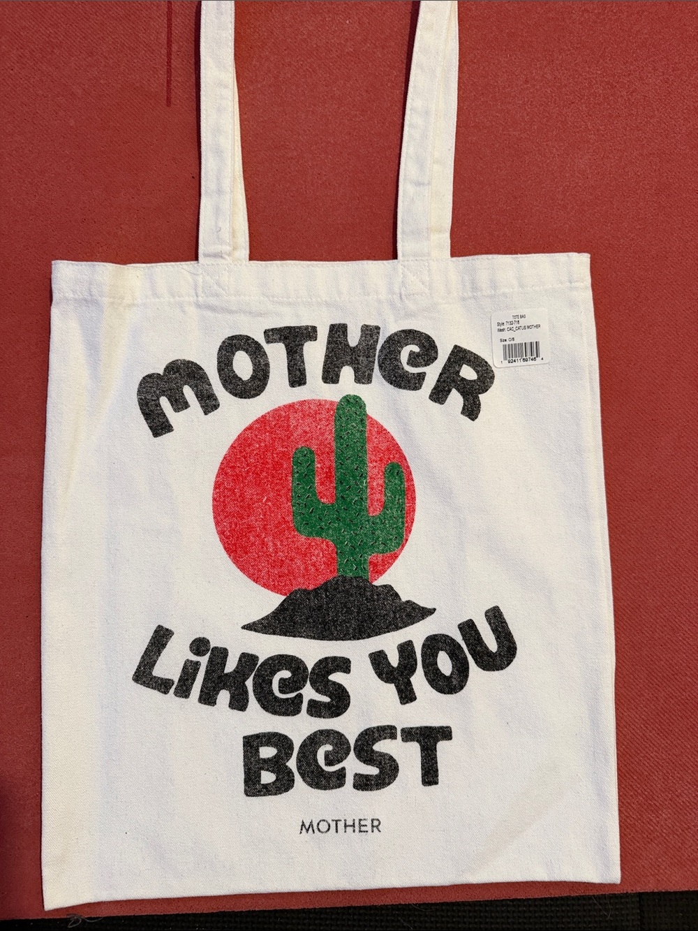 MOTHER White Canvas Tote with Green Cactus and Red Sun Graphic